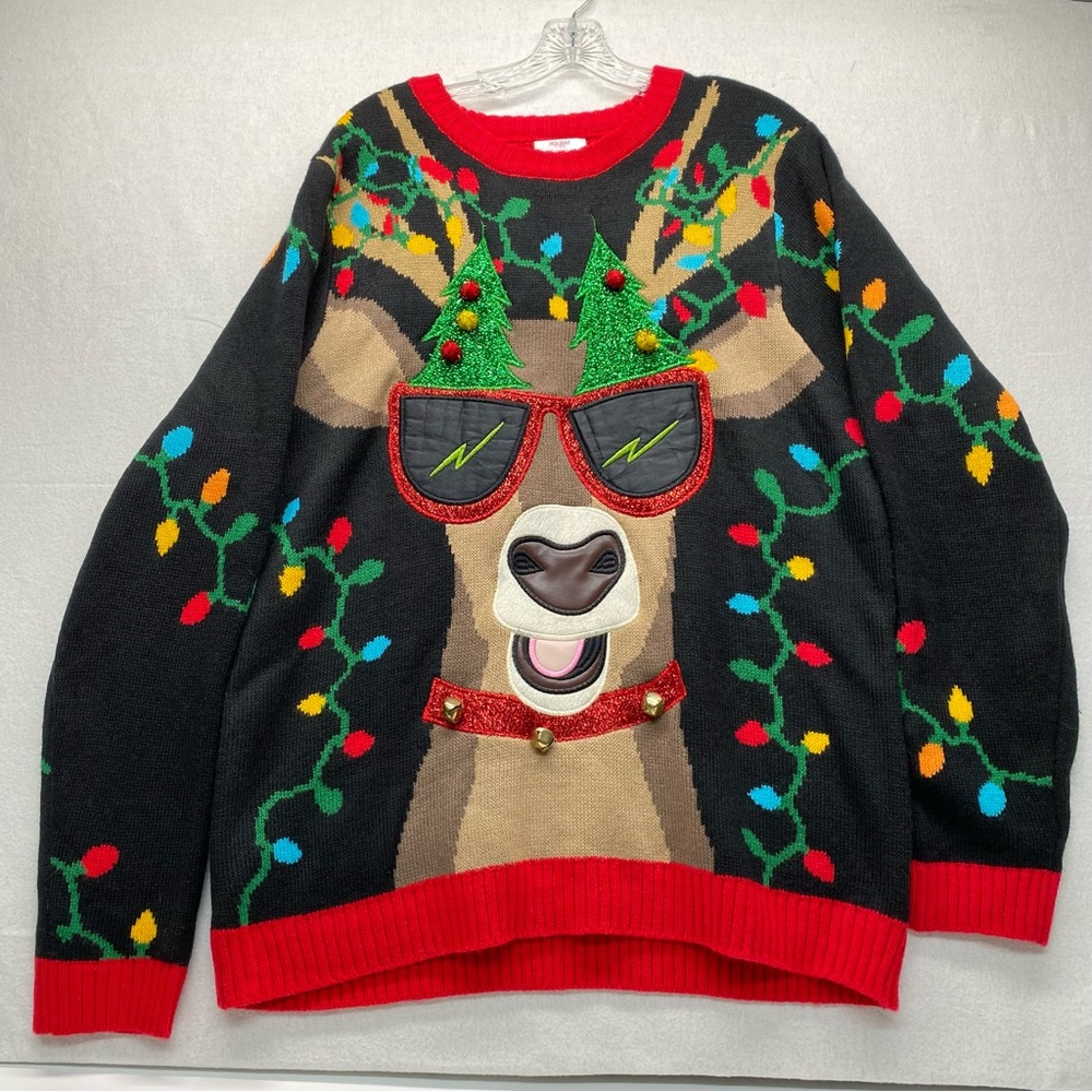 Holiday Time Mens Ugly Christmas Sweater Reindeer Wearing Sunglasses Large 42/44